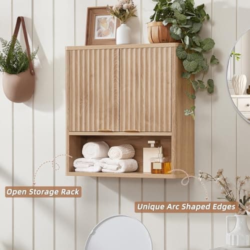 LEYAOYAO Fluted Bathroom Wall Cabinet, Wall-Mounted Medicine Cabinet with Adjustable Shelf & Doors, Farmhouse Floating Over the Toilet Storage Cabinets for Laundry Room, Kitchen, Living Room (Natural) - Thumbnail 4