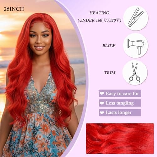Barbique 26 Inch Red 13x6 Lace Front Wig Long Wavy Synthetic Wig HD Transparent Lace Glueless Pre Plucked Heat Resistant 180% Density for Party Clubbing - Thumbnail 2