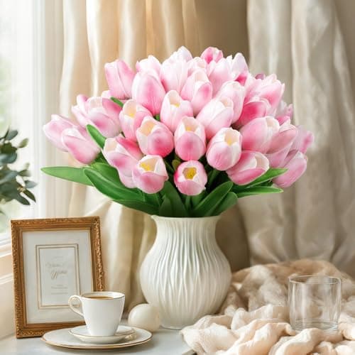 U'Artlines 30Pcs Fake Tulips Artificial Flowers with Stems Faux Tulips Bouquet Real Touch Flower for Wedding Home Kitchen Spring Easter Mother's Day Floral Arrangement Decor (Light Pink) - Thumbnail 2