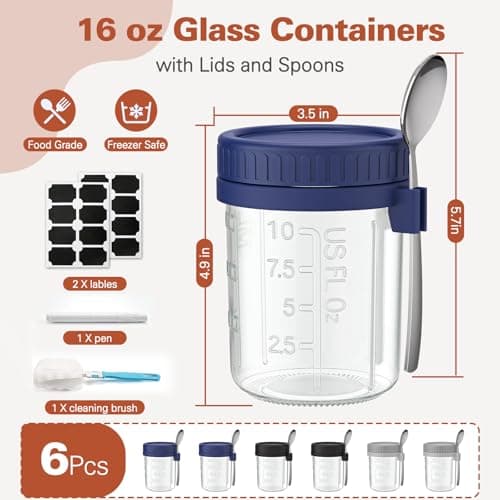 Cozyverge 6 Pack Overnight Oats Containers with Lids and Spoons, 16 oz Airtight Oatmeal Container with Measurement Marks, Overnight Oats Jars Large Capacity Airtight Jars for Milk, Cereal, Fruit - Thumbnail 5