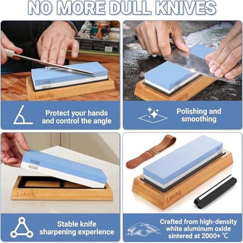 Leking Professional Knife Sharpener & Sharpening Stone Set: 1000/6000 Grit Dual-Sided Whetstone(7"x2.4"x1.2") with Bamboo Base, Non-Slip Silicone Holder, Angle Guide & Leather Strop Kit - Thumbnail 6