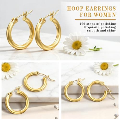 14K Gold Plated Hoop Earrings for Women, Hypoallergenic Lightweight Small Huggie Hoops, Fashion Gold Earrings with Gift Box Ideal Jewelry Gift for Birthday Valentine Mother's Day for Wife Her (19mm) - Thumbnail 6