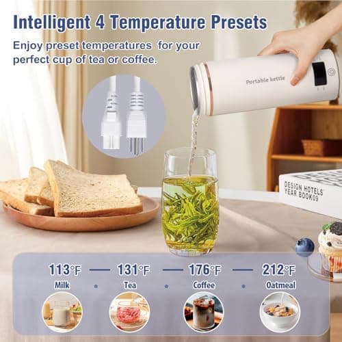 Travel Electric Kettle Portable Mini Kettle,Small Hot Water Boiler with 4 Temperature Settings,304 Stainless Steel,Fast Boiling Water with Auto Shut-Off and Boil Dry Protection,400ml (Beige, 400ML) - Thumbnail 4