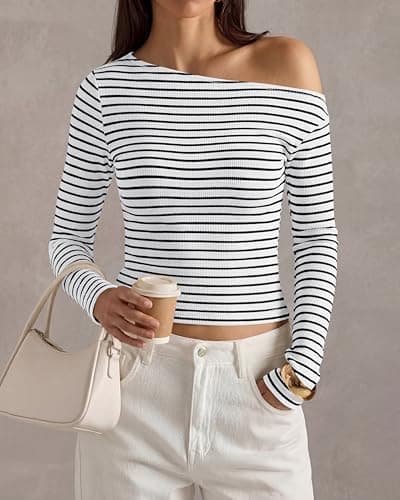 PRETTYGARDEN Womens Tops 2026 Fall Off The Shoulder Long Sleeve Shirts Striped Fitted Y2K T-Shirt Going Out Crop Top(Striped White Black,XX-Large) - Thumbnail 3