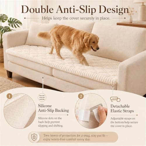 NILUOH Couch Cover for Dogs Washable, Thick Flannel Couch Cover for Sofa, Furniture Cover for Pets with Non Slip and Elastic Straps, Suitable for Sectional Sofa/Loveseat (White, 27.6" x 59") - Thumbnail 4