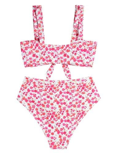 ZAFUL High Waisted Bikini Sets for Women Swim Suits 2026 Tummy Control Ruched Bikini Two Piece Bathing Suit Swimwear Pink Floral X-Large - Thumbnail 4