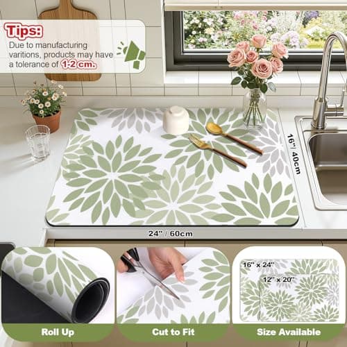 Findosom Floral Dish Drying Mat, 16" x 24" Super Absorbent & Hide Stain Coffee Mat, Cuttable Drying Mat for Kitchen Counter, Under Dish Rack, Coffee Maker, Espresso Machine, Sage Green - Thumbnail 2