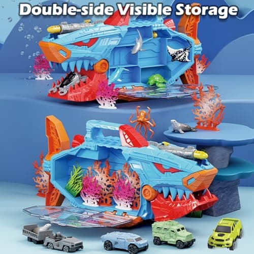 Frontoytall Shark Ocean Animal Toys Set with 18 Piece Sea Creatures & Transport Vehicles, Double-Side Storage + Portable Handle, Educational Bath Toys for Kids Ages 3-12 Years Old - Thumbnail 2