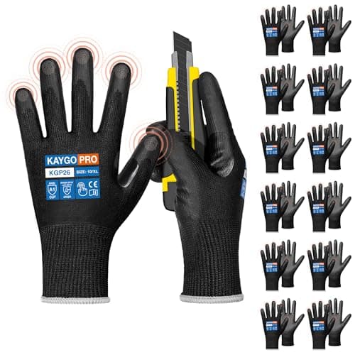 KAYGO 12 Pairs Cut Resistant Gloves PU Coated,Safety Work Gloves with Grip,Full Fingers Touchscreen, ANSI Cut Level A1, KGP26