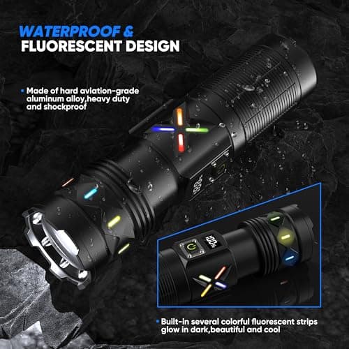 erbrigtli Flashlights High Lumens 100000 Rechargeable, Super Bright 50W LED, Long Running 15 Hours, USB C Input & USB Output, Zoomable 3 Modes, Powerful Strong Flash Light for Home Hiking Camping - Thumbnail 6