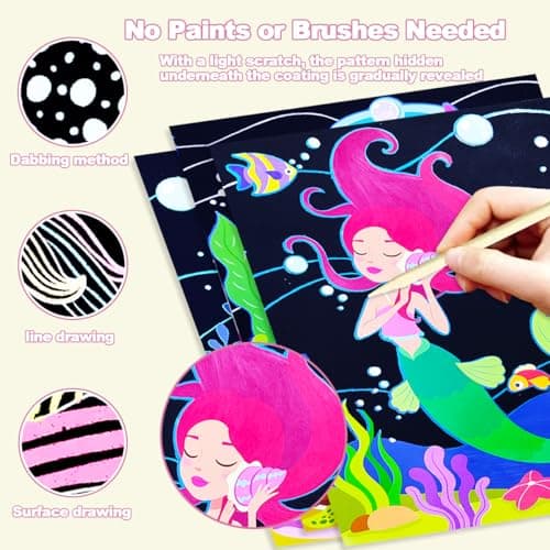 BAOXUE Scratch Art for Kids, Mermaids Black Rainbow Scratch Paper Set-Arts And Crafts & Supplies, DIY Activity & Party Games, Mermaid Toys Gifts for Toddlers, Girls - Thumbnail 2