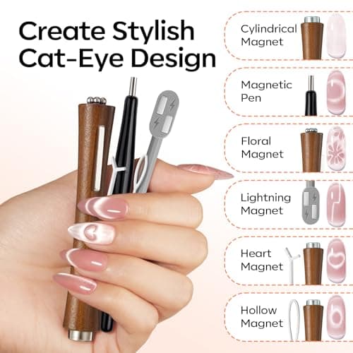 modelones Cat Eye Gel Polish Magnet for Nails, Black CatEye Magnet Tools Heart&Hole Square Powerful 3-in-1 Magnetic Pen Double Head Lollipop Magnetic Gel Polish Heart French Floral Effect Gift 10PCS - Thumbnail 4