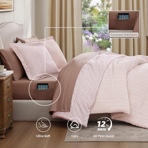 BLOOMHAVEN King Comforter Set - 7 Pieces Pink Bedding Sets for All Seasons, Lightweight Breathable Bed in a Bag King with Revesible Farmhouse Comforter, Sheets, Pillowcases & Shams - Thumbnail 6