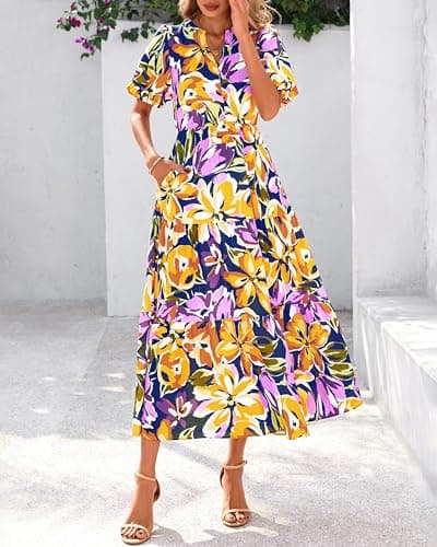 dowerme Womens Summer Dresses 2026 Casual Puff Short Sleeve V Neck Floral Boho Tiered Ruffle Maxi Dress with Pockets(Navy Yellow Purple,Small) - Thumbnail 2