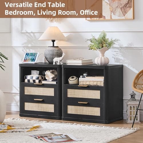 LEYAOYAO Rattan Nightstands with Charger Station, 23" Wide Boho Night Stand with 2 Drawers, Black Bedside Table Open Shlef, Bed Side End Table Dresser for Bedroom, Living Room Hallway - Thumbnail 4