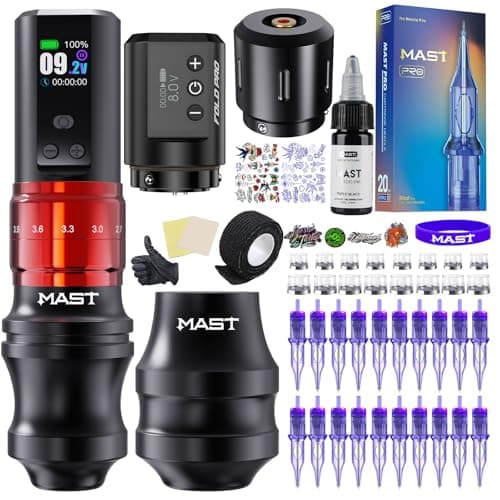 Mast Fold2 Pro Tattoo Kit, Cordless Complete Tattoo Gun Machine Kit, 2 Batteries Power Supply, 2 Grips 40mm & 44mm, Needles Cartridges Black Tattoo Ink Kit