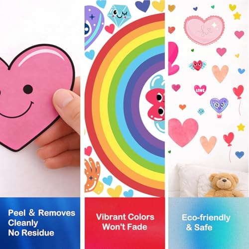 Humerry Kids Heart Wall Stickers, 201 Piece Removable Peel and Stick Rainbow Wall Decals for Nursery, Playroom and Bedroom, 6 Sheets Heart-Shaped Wall Decor - Thumbnail 3