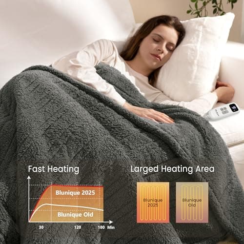 blunique Heated Blanket Electric Blanket Throw - Fast Heating Blanket Throw Double Sided Sherpa Ultra Soft Cozy with 10 Heating Levels & 2-10 Hours Auto Off, Mashine Washable, 50 x 60 Inches, Grey - Thumbnail 3