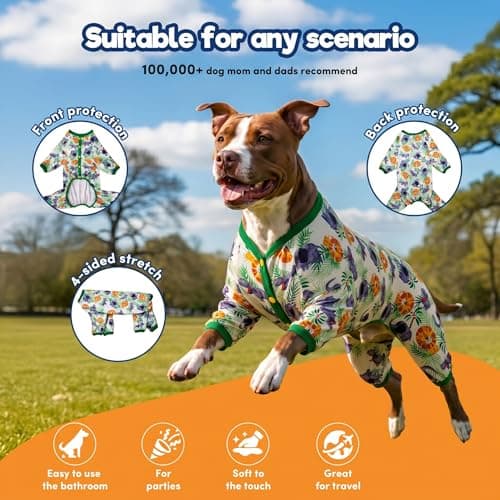 LovinPet Pitbulls Pajamas, Large Dog Pajamas Onesie, Lightweight Stretchy Knit Pullover Large Breed Jammies, Big Hippo Green Print, Wound Care, Post Surgery Dog Shirt, UV Protection, Dog Onesie, XL - Thumbnail 2