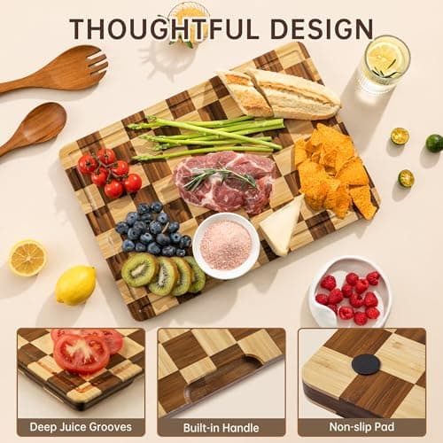 3 Pack Checkered Bamboo Cutting Board Set, Decorative End Grain Thick Wood Cutting Board, Crack-Resistant, Heavy Duty Non-slip Chopping Boards, Aesthetic Serving Trays for Home Decor, Gift - Thumbnail 5