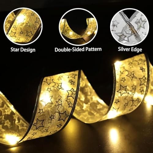 YUNGSUN Gold Christmas Tree Decorations Ribbon Lights, 64ft 200 LED String Lights, Battery-Powered Copper Wire Ribbon Lights for Holiday Party Weddings Indoor Christmas Tree Decorations - Thumbnail 3