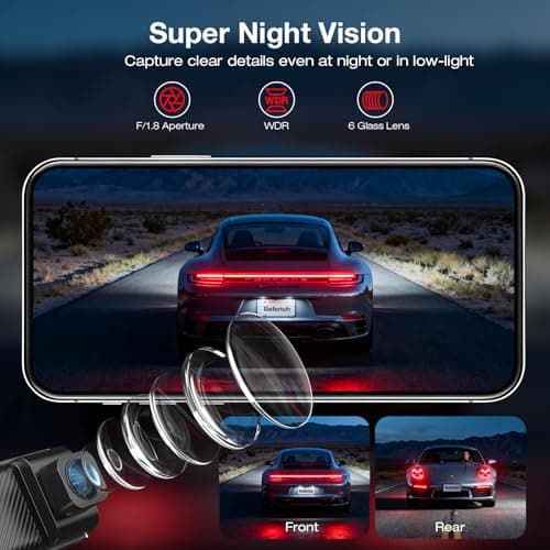 Beferich 4K+2.5K Dash Cam Front and Rear, Built-in GPS, 5.8G WiFi, Free 64GB Card Included, Dash Camera for Cars, 2-Channel Car Camera,3.16'' IPS Screen,G-Sensor,WDR&HDR,24H Parking Monitor,Max 256GB - Thumbnail 4