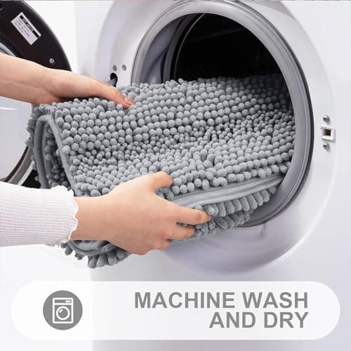 Grandaily Chenille Striped Bathroom Rugs 36x24, Extra Thick and Absorbent Bath Mats, Non-Slip Soft Plush Shaggy Shower Carpet, Machine Wash Dry, Bath Rug for Bathroom, (Large, Light Grey) - Thumbnail 6