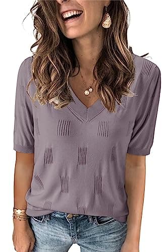 Arach&Cloz Women's Summer Fall Tops 2025 Short Sleeve Plus Size Sweaters V Neck Trendy Fashion Knit Clothes Dressy Cute Casual Outfits Business Work Blouse Grey Purple XXL - Image 1