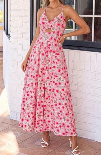 BTFBM Summer Dresses for Women 2026 Spring Floral Spaghetti Strap Smocked Cutout Maxi Dress Resort Beach Vacation Outfit(Floral Red, Medium) - Thumbnail 4