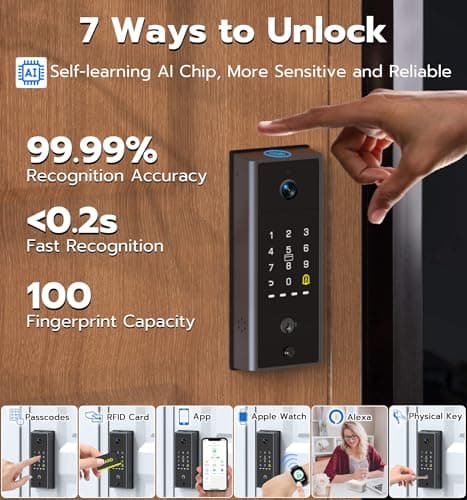 Anweller MD2 Smart Deadbolt Lock with Camera, Fingerprint Keyless Entry Door Lock for Front Door, Built-in WiFi, 10000mAh Battery, Door Sensor, Code Keypad, RFID Card, App Remote Control - Thumbnail 3