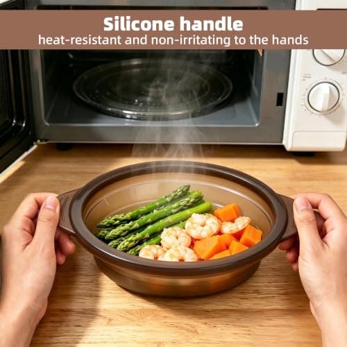 Microwave Steamer Cooker Collapsible Bowl Silicone Baked Potato Cookware with Handle Lid for Vegetables Fish Prep Meal Food with Removable Rack BPA Free Easy to Store Freezer Dishwasher Safe Black - Thumbnail 3