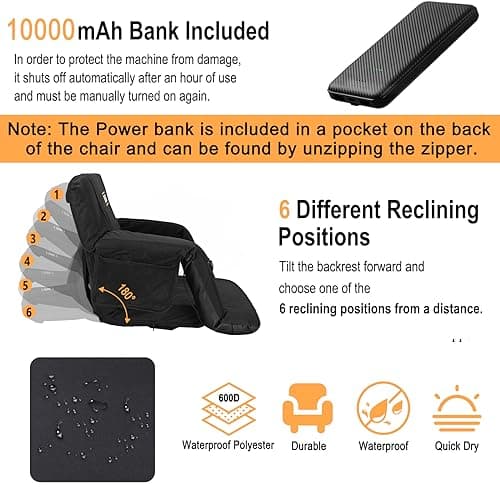 MZQLN Heated Massage Stadium Seats Pack of 2, 21 Inche Folding Bleacher Chair with 10000mAh Portable Power*2, 3 Levels of Heat&Massage, 6 Reclining Positions for Camping, Sports - Thumbnail 3