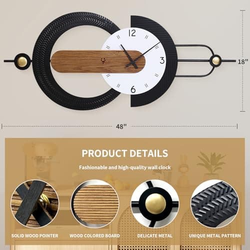 Anmotpe Modern Minimalist Wall Clocks,Black Metal & Wood Geometric Design Large Wall Clocks,Silent Non-Ticking Battery Operated,for Living Room Home Office Wall Art - Thumbnail 2