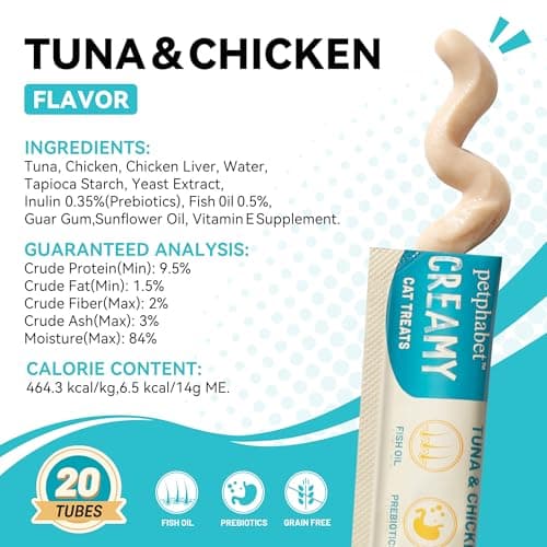 PETPHABET Lickable Cat Treats Squeeze, Creamy Puree Squeezable Wet Kitten Treats, Tuna & Chicken Recipe 20 Tubes, Paste Snacks for Skin & Coat Health, Digestive Care, High Protein, Grain Free - Thumbnail 2