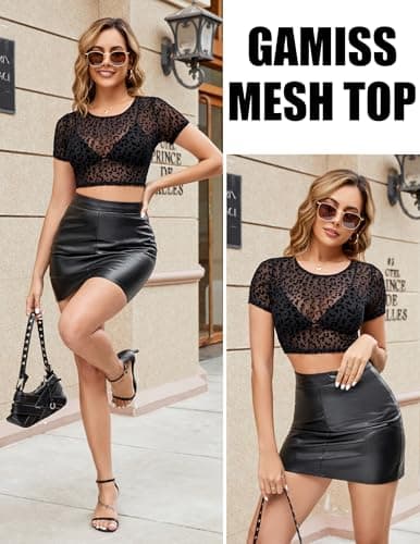 GAMMIS Womens Short Sleeve Mesh Top Crew Neck Sheer Tops Fitted Mesh See Through Shirt Leopard Print XL - Thumbnail 6