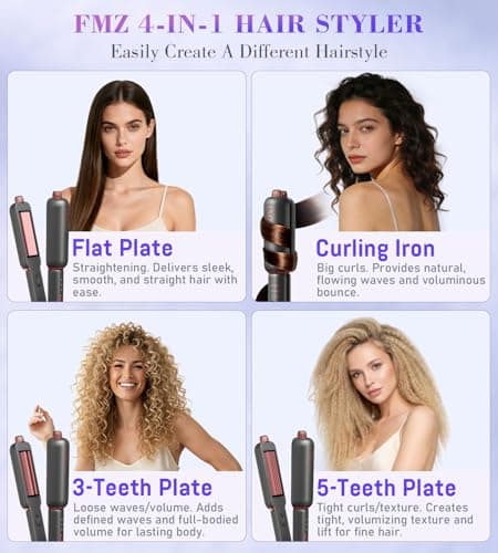 FMZ Flat Iron Hair Straightener Curler and Crimper, Professional 4 in 1 Hair Styling Irons for Straightening, Crimping, Curling, Dual Voltage, Auto Shut-Off, Small and Portable for Women Travel Home - Thumbnail 3