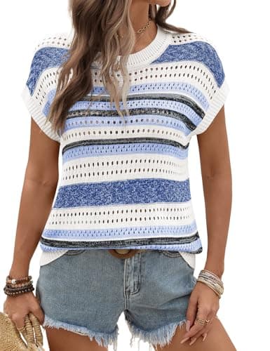 Ivicoer Plus Size Summer Tops for Women 2026 Hollow Out Cap Sleeve Crochet Sweater Beach Vacation Cruise Outfits Resort Wear Blue Stripe M - Image 1