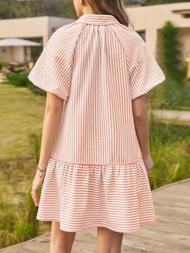 Wenrine Womens Summer Button Down Shirt Dress Casual Striped Puff Short Sleeve Collared Loose Mini Dresses with Pockets Pink - Thumbnail 4