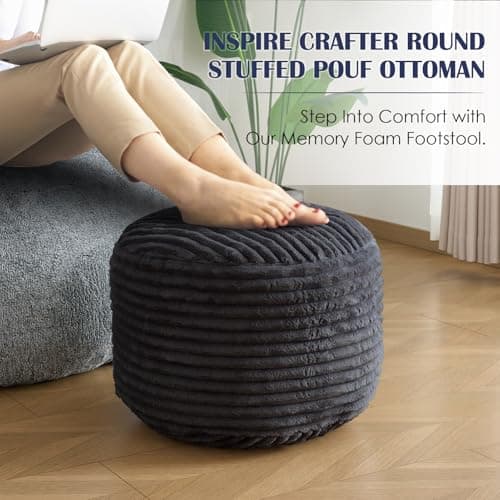 INSPIRE CRAFTER Round Pouf Ottoman,Corduroy Poufs with Memory Foam Filling for Foot Rest,Soft Footstool for Living Room,20"x 15",Dark Grey - Thumbnail 6