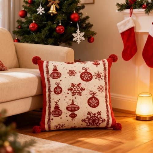 EthosCraft Christmas Pillow Covers 18 x 18 Inch Set of 2, Xmas Winter Christmas Tree Cushion Covers, 3D Embroidered Pillow Cases for Couch Bedroom Living Room Decor, Red - Thumbnail 2