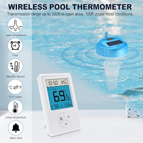 Pool Thermometer Floating Easy Read, Digital Wireless IPX8 Waterproof Thermometer with Indoor Temperature for Swimming Pool, Hot Tub Spa, Cold Plunge, Fish Tanks, Indoor Monitoring - Thumbnail 4