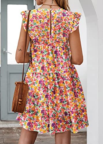KIRUNDO Boho Dresses for Women 2026 Summer Casual Ruffle Sleeveless Floral Round Neck Loose Short Flowy Pleated Babydoll Dress Vacation Outfits, Floral3- White Orange, X-Large - Thumbnail 6