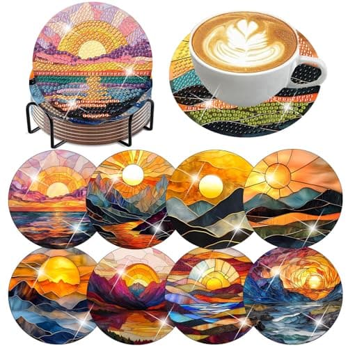 ijbnhd 8 Pcs Sunset Diamond Art Coasters Kits, Sunset Diamond Painting Coasters Kit with Holder, Non Slip Coaster Crafts Kits for Adults Gifts 4x4 inch (Cork Wooden Pad) - Image 1