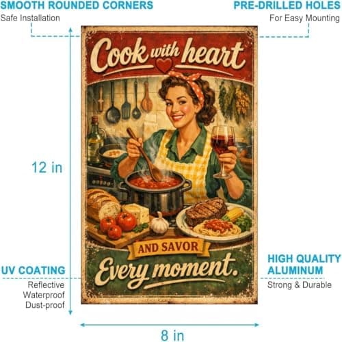 Cook With Heart Tin Sign Vintage Kitchen Wall Decor Rustic Cooking Quote Metal Poster Retro Farmhouse Culinary Art 8x12 Inch Food Lover Wall Display Home Restaurant Cafe Bar Decoration - Thumbnail 6