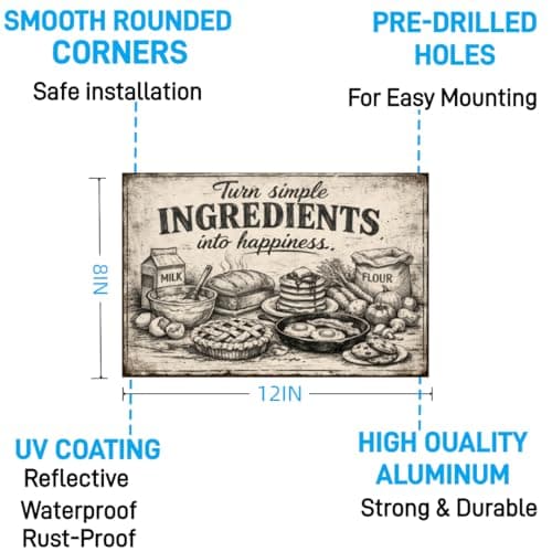 Turn Simple Ingredients Into Happiness Vintage Tin Sign Rustic Kitchen Wall Decor Metal Plaque Farmhouse Baking Food Illustration Art Cafe Pantry Dining Room 8x12 Inch Pre Drilled Holes - Thumbnail 6
