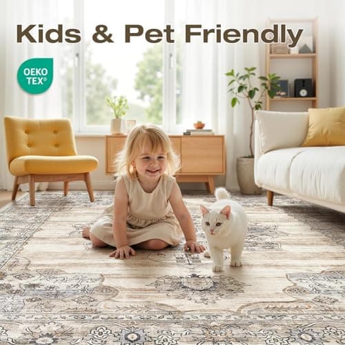 Jessibou Washable 8x10 Area Rug for Living Room & Dining Room - Large Vintage Farmhouse Soft Carpet with Non-Slip Backing, Stain Resistant Low-Pile Indoor Rug for Home Office, Kid & Pet Friendy -Beige - Thumbnail 4