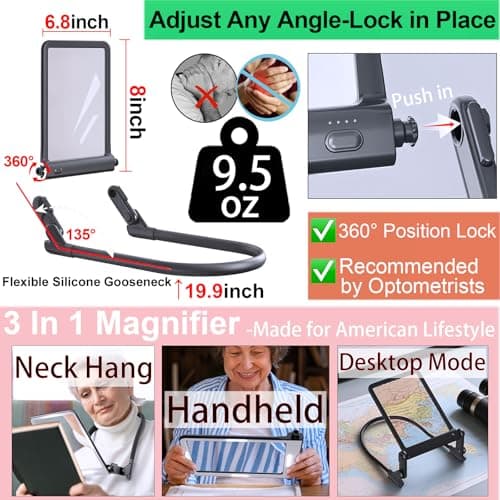 Bstsilver Large Hands-Free Magnifying Glass with 40LED Eye Care 3 Light & Detachable GooseNeck Bracket, Anti-Glare Lens Magnifier Rechargeable for Read, Close Work Needlework, Knit, Low Vision Senior - Thumbnail 2