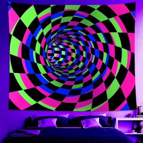 Atrippy Black Light 3D Posters Wall Tapestry for Bedroom, UV Reactive Checkered Tunnel Decor,Blacklight Upright Backdrop Wall Hanging for Gaming Dorm Living Room 51"x60" - Thumbnail 6