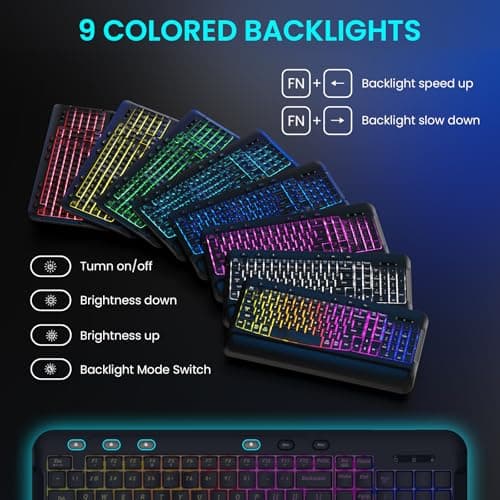 COLIKES Wireless Keyboard and Mouse Combo, Ergonomic Wave, 9 RGB Backlit Effects, Leather Wrist Rest, Rechargeable 2.4G Silent Set for Computer/Windows/Mac, Black - Thumbnail 3