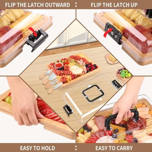 CAWIU Charcuterie Board with Lid and Handle - Portable Travel Design Bamboo Cheese Board Set with 4 Cheese Tools, Gift for Housewarming, Weddings, Picnics (8 Compartments, Black) - Thumbnail 2